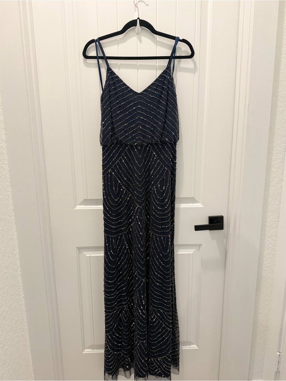 Adrianna Papell Navy Beaded Spaghetti-Strap Maxi Dress